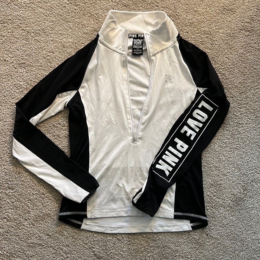 VS PINK Ultimate black white deep quarter zip track jacket back zip pocket small